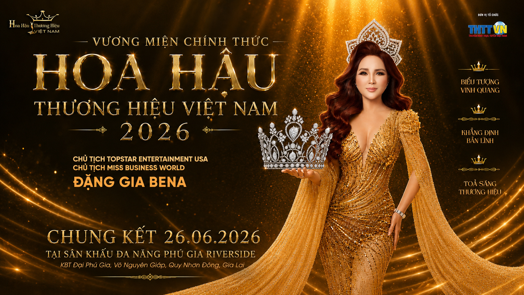 Chủ tịch Miss Business World Đặng Gia Bena công bố vương miện chính thức Hoa hậu Thương hiệu Việt Nam 2026