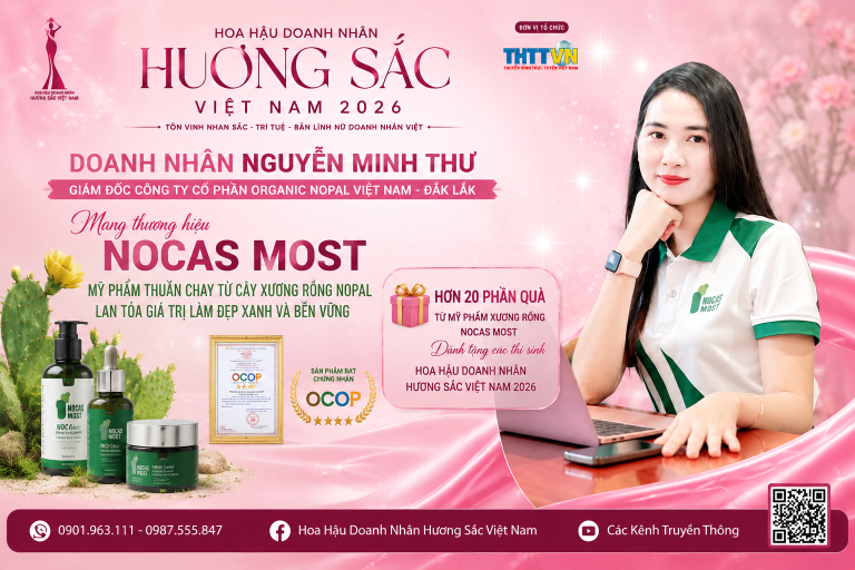 Doanh nhân Nguyễn Minh Thư mang mỹ phẩm thuần chay Nocas Most đến Hoa hậu Doanh nhân Hương sắc Việt Nam 2026